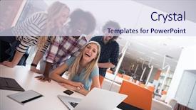  Presentation with team meeting - Audience pleasing PPT theme consisting of startup business team on meeting backdrop and a sky blue colored foreground