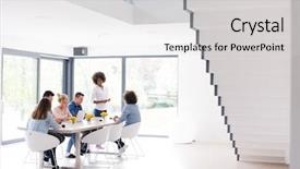  Presentation with team meeting - Beautiful slide deck featuring startup business team on meeting backdrop and a  colored foreground