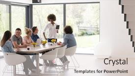  Presentation with start up business - Cool new PPT theme with startup business team on meeting backdrop and a light gray colored foreground