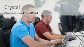  Presentation with computer software - PPT theme consisting of startup-business-two-male-software background and a light gray colored foreground