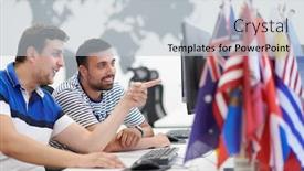  Presentation with computer software - Presentation theme featuring startup-business-two-male-software background and a light gray colored foreground