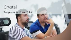  Presentation with computer software - Beautiful presentation featuring startup-business-two-male-software backdrop and a sky blue colored foreground