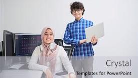  Presentation with monitor computer - Slide deck featuring startup-business-young-creative-professionals background and a light gray colored foreground