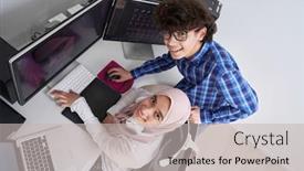  Presentation with young business people - Audience pleasing slide deck consisting of startup-business-young-creative-professionals backdrop and a soft green colored foreground