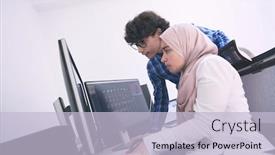  Presentation with monitor computer - Slide set consisting of startup-business-young-creative-professionals background and a light blue colored foreground