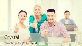  Presentation with architects - PPT theme with startup education architecture and office concept - smiling architects with house model and blueprint in office showing thumbs up background and a cream colored foreground