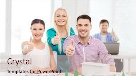  Presentation with architects - PPT theme with startup education architecture and office concept - smiling architects with house model and blueprint in office showing thumbs up background and a lemonade colored foreground