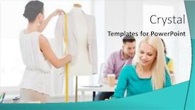  Presentation with mannequin - Presentation theme enhanced with startup education fashion and office concept - smiling designers drawing sketches and measuring jacket on mannequin in office background and a white colored foreground