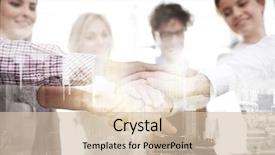  Presentation with double exposure of business people - Presentation consisting of startup gesture people and team background and a soft green colored foreground