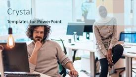  Presentation with team discussion marketing - Slides with startup-marketing-idea-presentation-group background and a cool aqua colored foreground