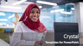  Presentation with hijab modern - Colorful presentation design enhanced with startup office diversity multiracial backdrop and a dark gray colored foreground