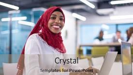  Presentation with hijab modern - Beautiful slide deck featuring startup office diversity multiracial backdrop and a coral colored foreground