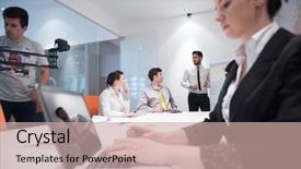  Presentation with board meeting - PPT layouts featuring startup office interior taking notes background and a  colored foreground