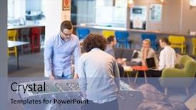  Presentation with office inauguration launch start up - Slides having startup office people enjoying table background and a teal colored foreground