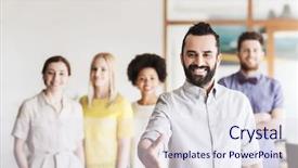  Presentation with young business people - Beautiful PPT theme featuring startup people gesture and team backdrop and a sky blue colored foreground