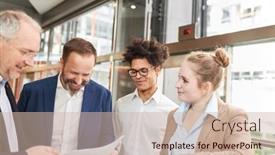  Presentation with new balance - Presentation design consisting of startup-team-and-consultants background and a soft green colored foreground