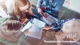  Presentation with financials - Colorful slide deck enhanced with startup-team-of-businesspeople-looking backdrop and a coral colored foreground