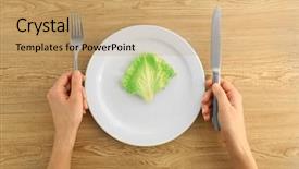  Presentation with salad - PPT theme enhanced with starvation - female hands holding knife background and a coral colored foreground