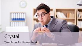  Presentation with energy food and junk food - Cool new presentation design with starving - hungry funny businessman eating junk backdrop and a lemonade colored foreground