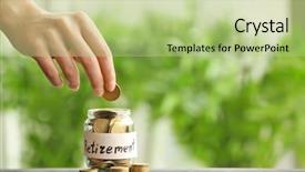  Presentation with glass - Cool new PPT theme with state funds - hand putting coin into glass backdrop and a mint green colored foreground