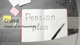  Presentation with pension - Cool new presentation theme with state funds - notebook with words pension fund backdrop and a sky blue colored foreground