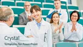  Presentation with share stories - Presentation enhanced with state testing - doctor share hadshake with student background and a sky blue colored foreground