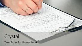  Presentation with mobile and paper - Slides enhanced with state testing - man is writing background and a light gray colored foreground