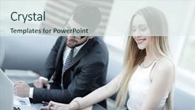  Presentation with information - Colorful PPT layouts enhanced with stategy - manager and client browsing information backdrop and a  colored foreground