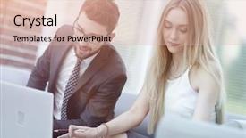  Presentation with information - PPT theme with stategy - manager and client browsing information background and a  colored foreground