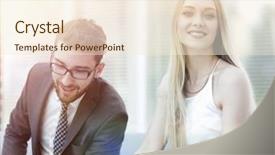  Presentation with information - Colorful presentation theme enhanced with stategy - manager and client browsing information backdrop and a  colored foreground