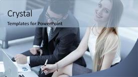  Presentation with information - Presentation enhanced with stategy - manager and client browsing information background and a  colored foreground