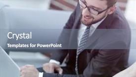  Presentation with managing information - Presentation theme with stategy - manager and client browsing information background and a  colored foreground