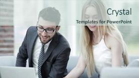  Presentation with managing information - Slide set with stategy - manager and client browsing information background and a  colored foreground