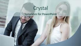  Presentation with managing information - Slide deck featuring stategy - manager and client browsing information background and a  colored foreground