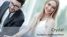  Presentation with information - Slide deck having stategy - manager and client browsing information background and a  colored foreground