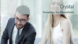  Presentation with information - Slide set featuring stategy - manager and client browsing information background and a  colored foreground