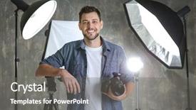 Presentation with professional audio studio - Colorful slide deck enhanced with static backgrounds - young male photographer in studio backdrop and a gray colored foreground