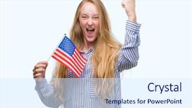 Presentation with united states old flag - Cool new slides with stating problem - blonde teenager woman holding flag backdrop and a  colored foreground