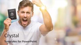  Presentation with united - Slides having stating problem - young handsome man holding passport background and a  colored foreground