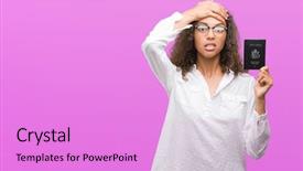 Presentation with italy united states - Cool new PPT theme with stating problem - young hispanic woman holding passport backdrop and a lilac colored foreground