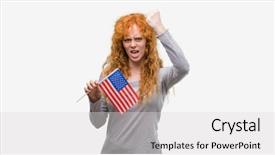  Presentation with america flag - Audience pleasing presentation theme consisting of stating problem - young redhead woman holding flag backdrop and a  colored foreground