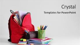  Presentation with wooden board empty table top - Slide deck featuring stationary - backpack with school supplies background and a light gray colored foreground