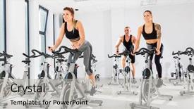  Presentation with group training - Beautiful presentation theme featuring stationary - group of fit people training backdrop and a light gray colored foreground
