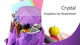  Presentation with backpack - Audience pleasing slide set consisting of stationary - purple backpack with school supplies backdrop and a white colored foreground