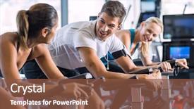  Presentation with young happy people smiling - Audience pleasing presentation theme consisting of stationary bike in fitness backdrop and a tawny brown colored foreground