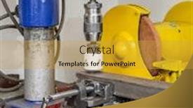  Presentation with drilling machine - Slide deck consisting of stationary drilling machine with attached metal hole cutting piece background and a gold colored foreground