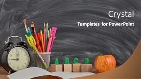  Presentation with children education - Amazing presentation design having stationery-accessories-copybook-with-blank backdrop and a dark gray colored foreground