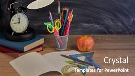  Presentation with children education - Presentation design with stationery-accessories-writing-book background and a violet colored foreground