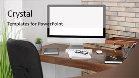  Presentation with monitor computer - Beautiful slide set featuring stationery display - comfortable workplace with computer monitor backdrop and a light gray colored foreground