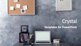  Presentation with workplace - Colorful presentation enhanced with stationery display - comfortable workplace with modern laptop backdrop and a gray colored foreground